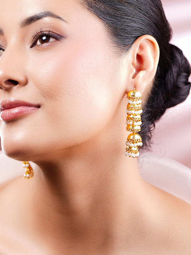 Gold-Plated Pearl Layered Jhumka Dangler Earrings