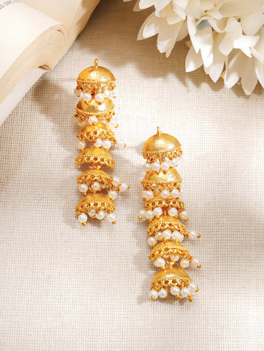 Gold-Plated Pearl Layered Jhumka Dangler Earrings