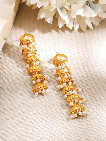 Gold-Plated Pearl Layered Jhumka Dangler Earrings