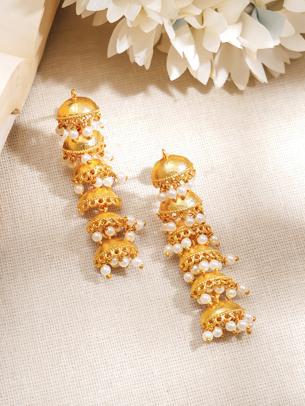 Gold-Plated Pearl Layered Jhumka Dangler Earrings