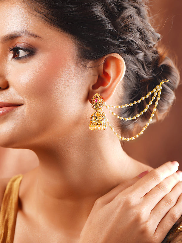 Gold Plated Layer Pearl Beaded Kaan Chain Jhumka&