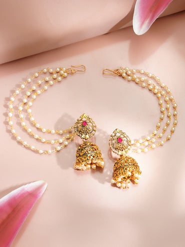 Gold Plated Layer Pearl Beaded Kaan Chain Jhumka's