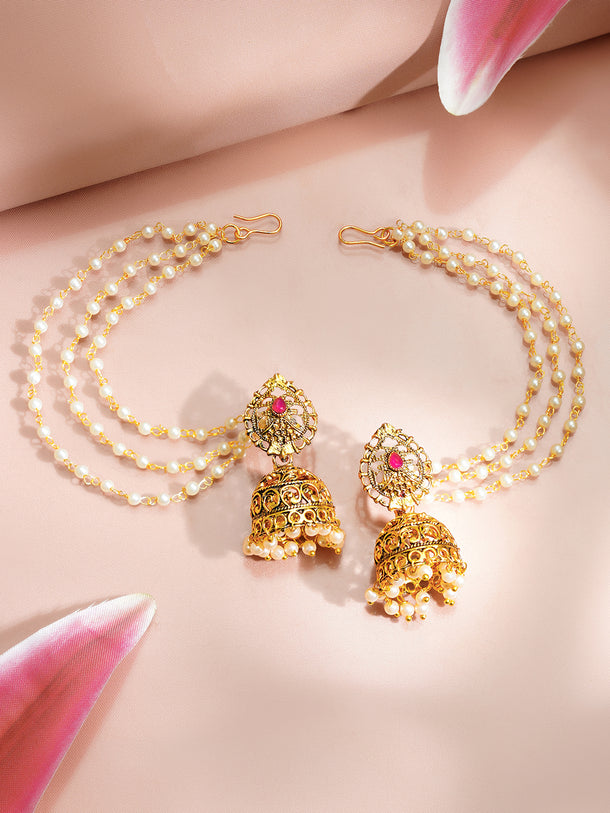 Gold Plated Layer Pearl Beaded Kaan Chain Jhumka&