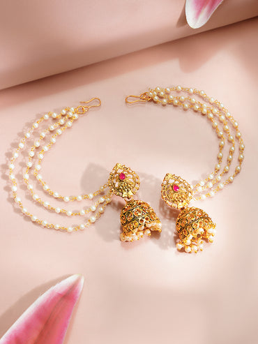 Gold Plated Layer Pearl Beaded Kaan Chain Jhumka's
