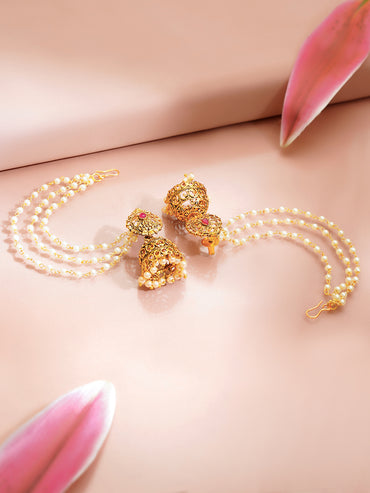 Gold Plated Layer Pearl Beaded Kaan Chain Jhumka's