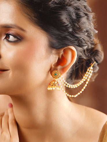 Gold Plated Glow Pearl Sahara Chain Jhumka Earrings
