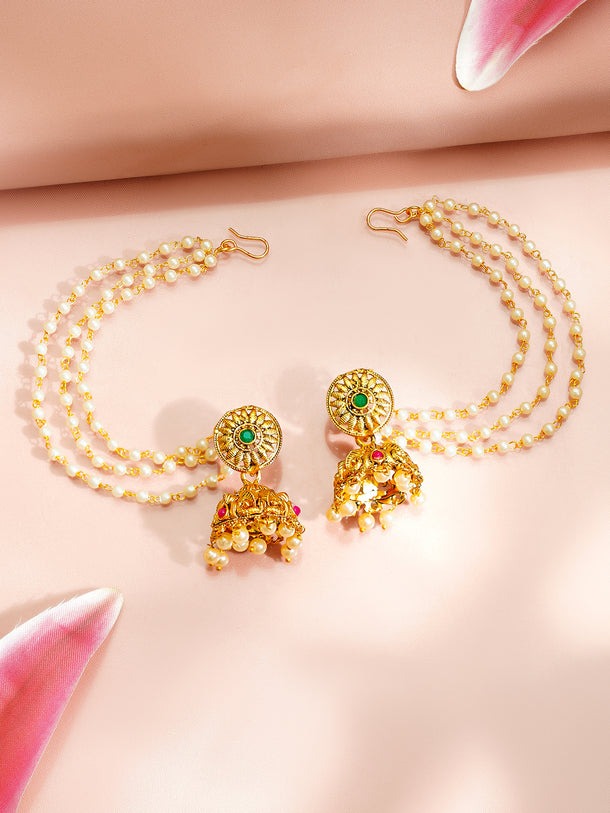 Gold Plated Glow Pearl Sahara Chain Jhumka Earrings