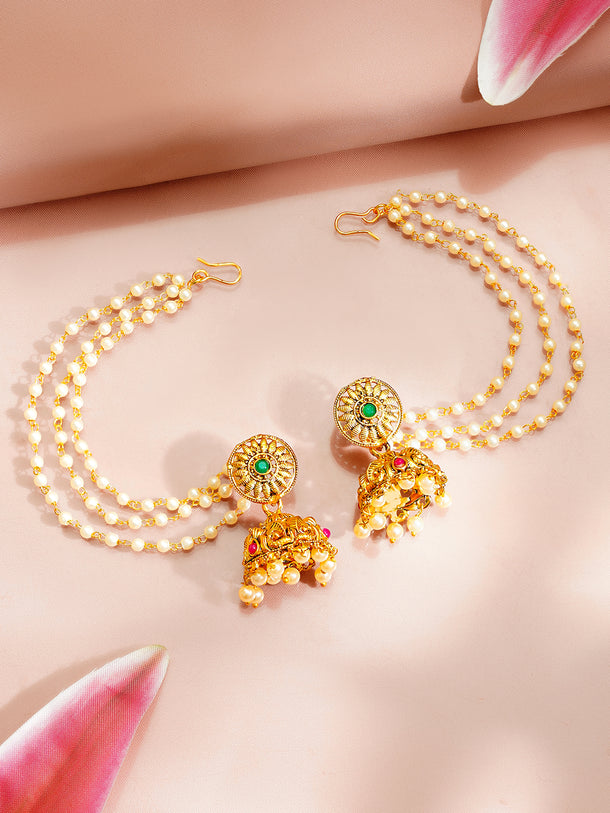 Gold Plated Glow Pearl Sahara Chain Jhumka Earrings