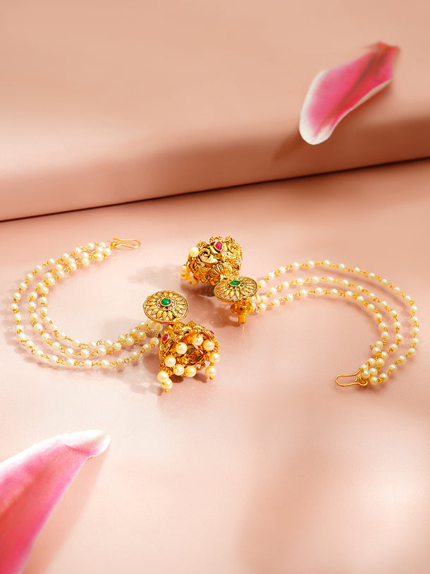 Gold Plated Glow Pearl Sahara Chain Jhumka Earrings