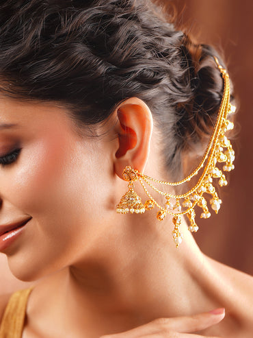 Gold Plated Pearl Beaded Layered Kaan Chain Jhumka's