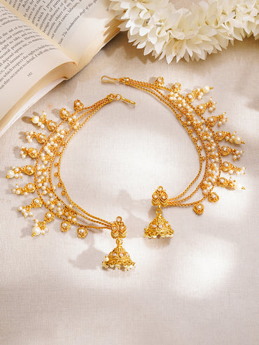 Gold Plated Pearl Beaded Layered Kaan Chain Jhumka's
