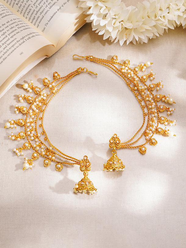 Gold Plated Pearl Beaded Layered Kaan Chain Jhumka&