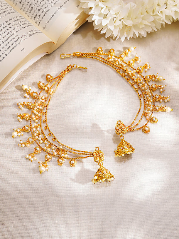 Gold Plated Pearl Beaded Layered Kaan Chain Jhumka&