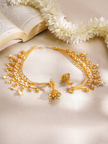 Gold Plated Pearl Beaded Layered Kaan Chain Jhumka's