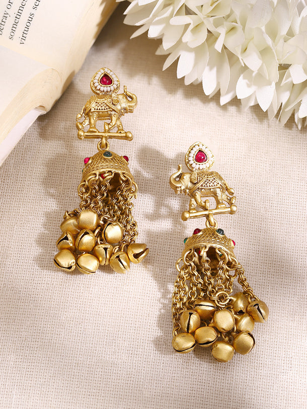 Gold Plated Elephant Ghungroo Tassel Jhumka Earrings