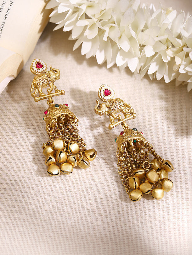Gold Plated Elephant Ghungroo Tassel Jhumka Earrings