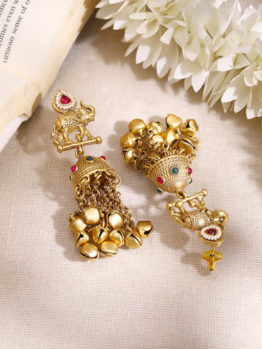 Gold Plated Elephant Ghungroo Tassel Jhumka Earrings