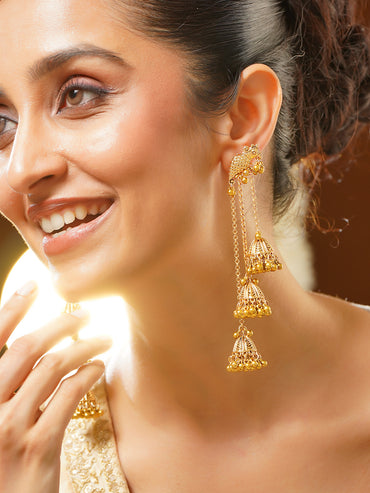 Gold Plated Parrot Ghungroo Cascade Sahara Jhumka Earrings