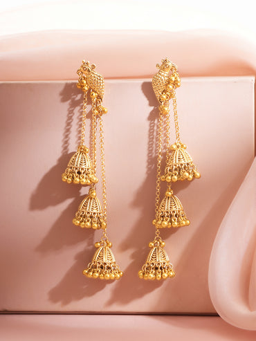 Gold Plated Parrot Ghungroo Cascade Sahara Jhumka Earrings
