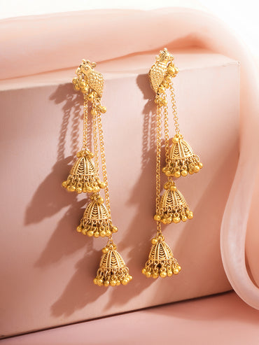 Gold Plated Parrot Ghungroo Cascade Sahara Jhumka Earrings