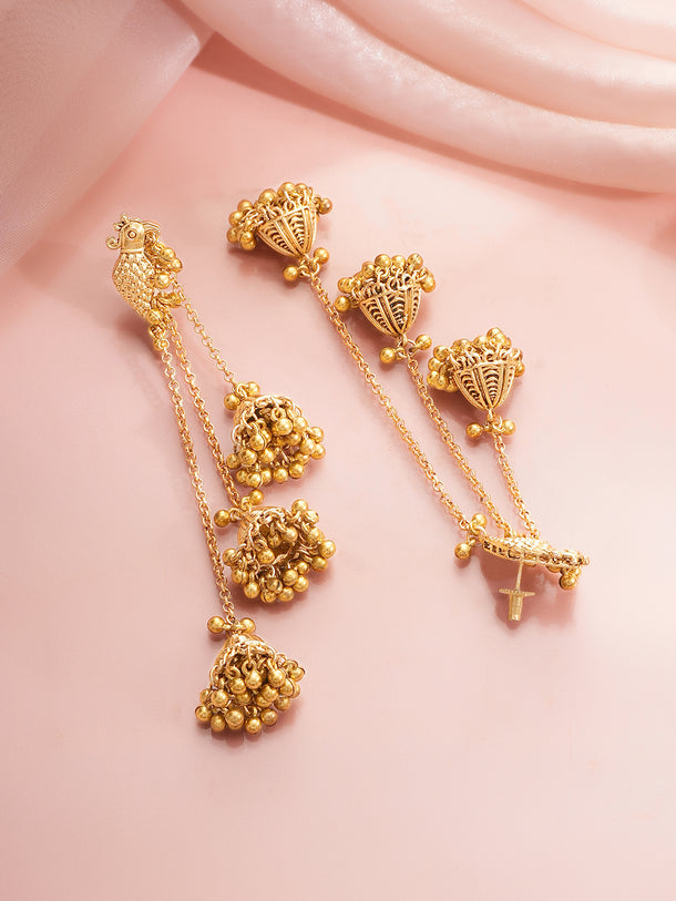 Gold Plated Parrot Ghungroo Cascade Sahara Jhumka Earrings