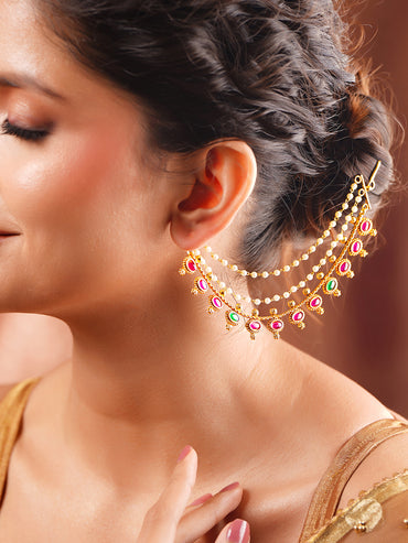 Gold Plated Ruby Emerald Pearl Kaan Chain Earrings