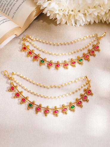 Gold Plated Ruby Emerald Pearl Kaan Chain Earrings