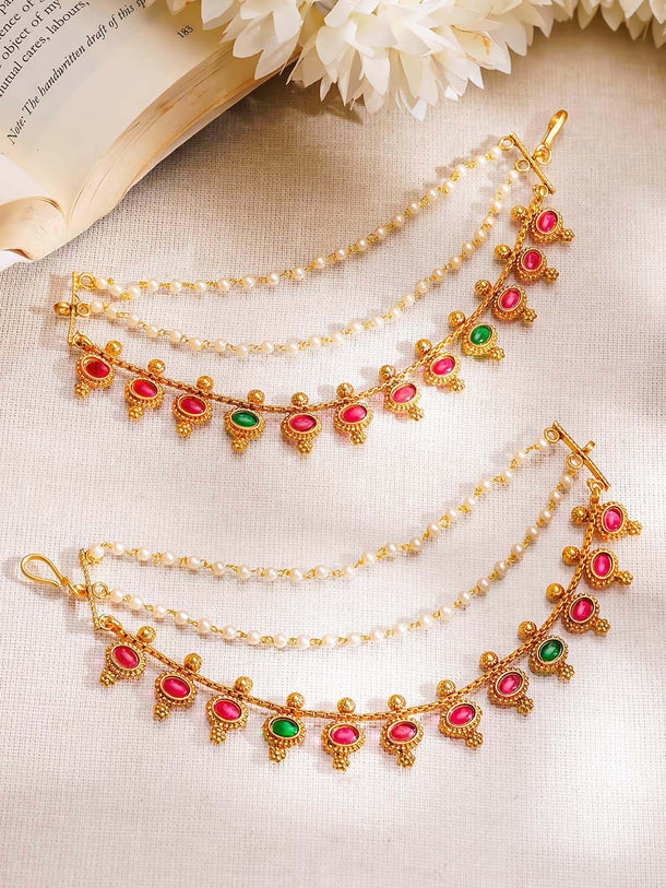 Gold Plated Ruby Emerald Pearl Kaan Chain Earrings