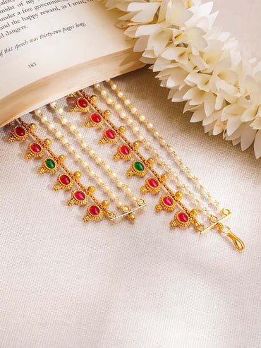 Gold Plated Ruby Emerald Pearl Kaan Chain Earrings