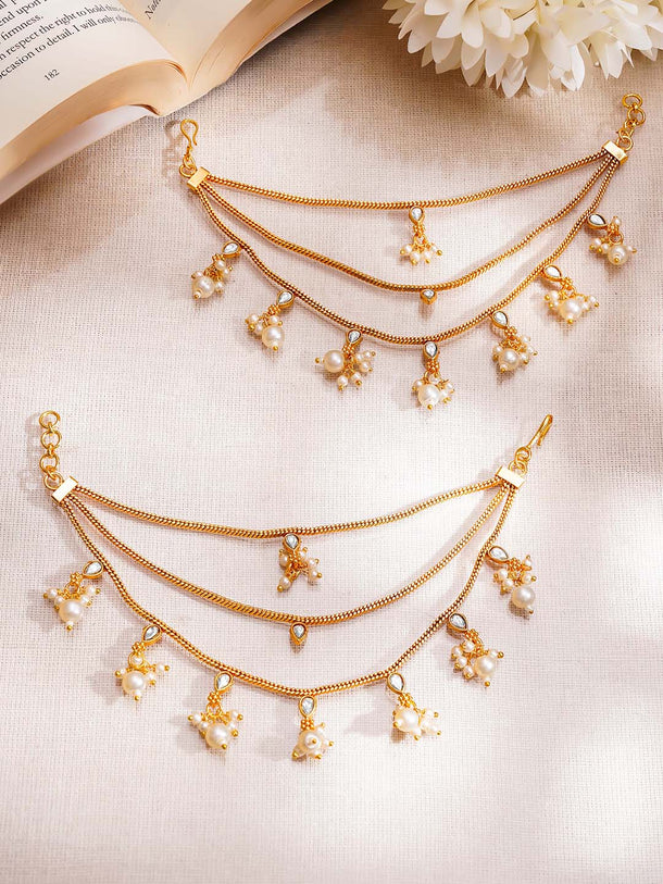Gold Plated Kundan pearl Drop layered Kaan Chain
