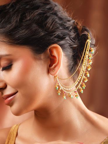 Gold Plated green beaded Layered Kundan Kaan Chain
