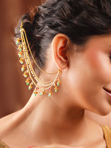 Gold Plated green beaded Layered Kundan Kaan Chain