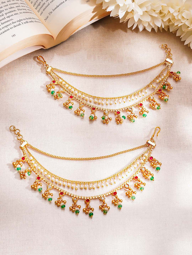 Gold Plated green beaded Layered Kundan Kaan Chain