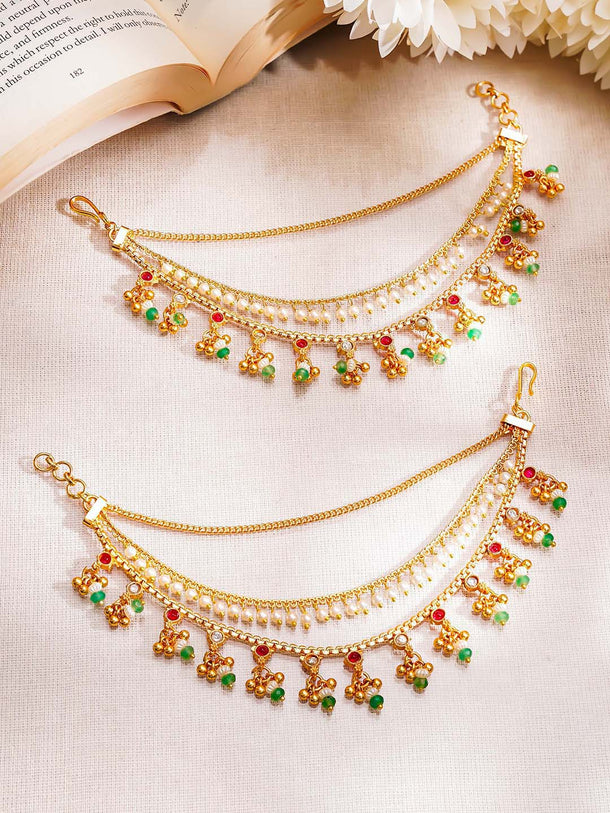 Gold Plated green beaded Layered Kundan Kaan Chain