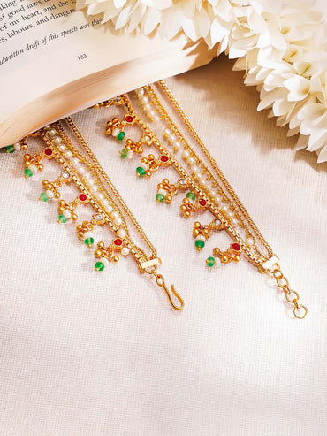 Gold Plated green beaded Layered Kundan Kaan Chain