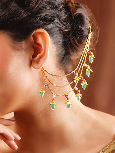 Gold Plated green beaded Layered Kundan Kaan Chain