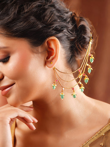 Gold Plated green beaded Layered Kundan Kaan Chain