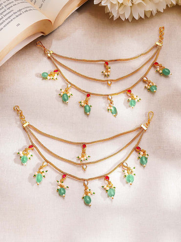 Gold Plated green beaded Layered Kundan Kaan Chain