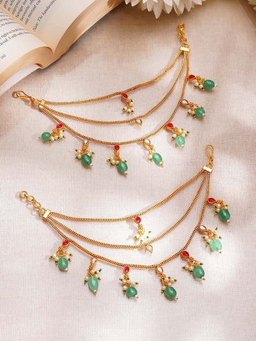 Gold Plated green beaded Layered Kundan Kaan Chain