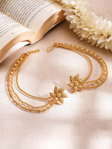 Gold Plated Pearl Beaded Star Motif Layered Kaan Chain