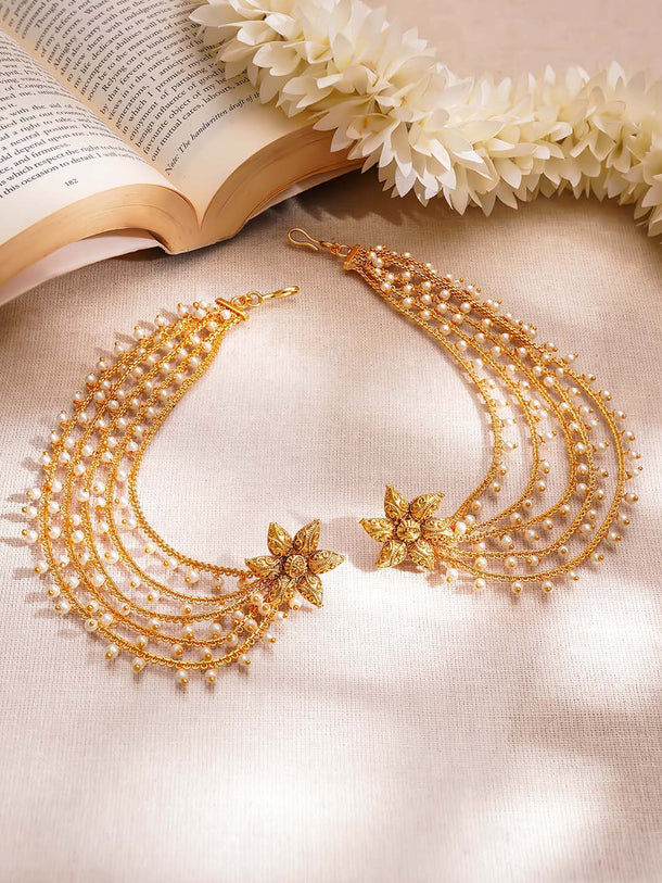 Gold Plated Pearl Beaded Star Motif Multi Layered Kaan Chain