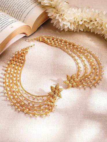 Gold Plated Pearl Beaded Star Motif Multi Layered Kaan Chain