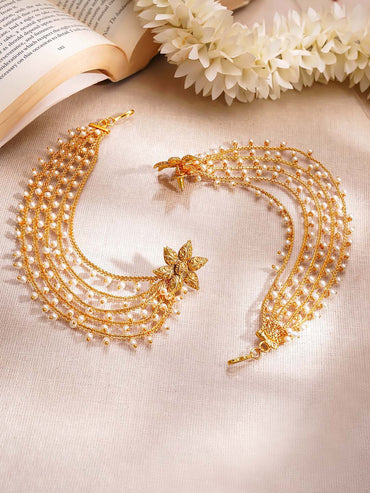 Gold Plated Pearl Beaded Star Motif Multi Layered Kaan Chain