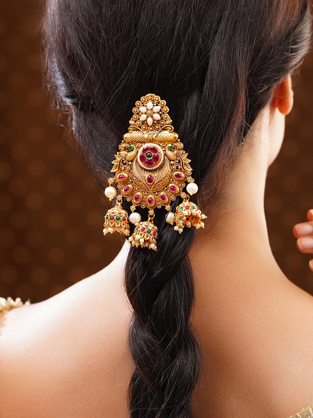 Gold Plated Bridal Kundan Pearl Jhumki Hair Jhumar