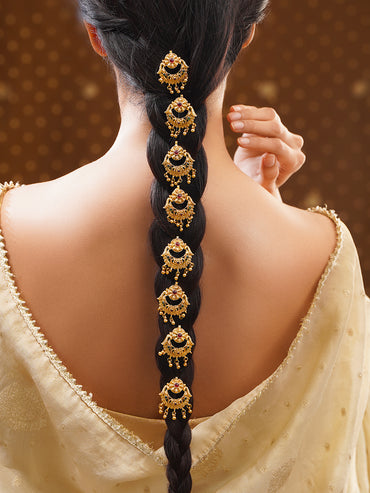 Gold Plated Ruby Moonlit Ghungroo Chandbali Hair Accessory Set of 9