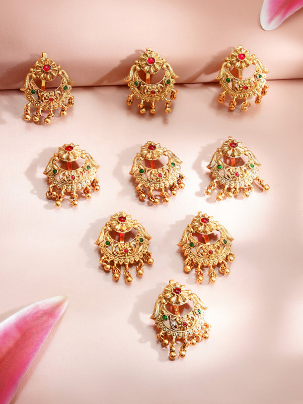 Gold Plated Ruby Moonlit Ghungroo Chandbali Hair Accessory Set of 9