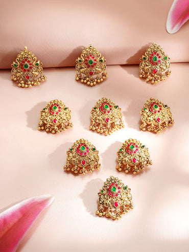 Gold Plated Temple Ruby Emerald Ghungroo Gold Hair Accessory Set of 9