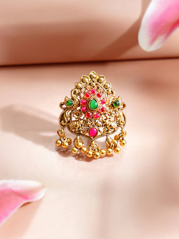 Gold Plated Temple Ruby Emerald Ghungroo Gold Hair Accessory Set of 9