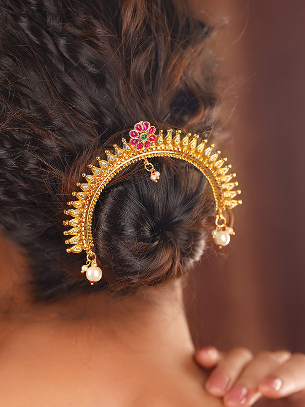Gold Plated Ruby Blossom Pearl Drop Hair Arch Pin