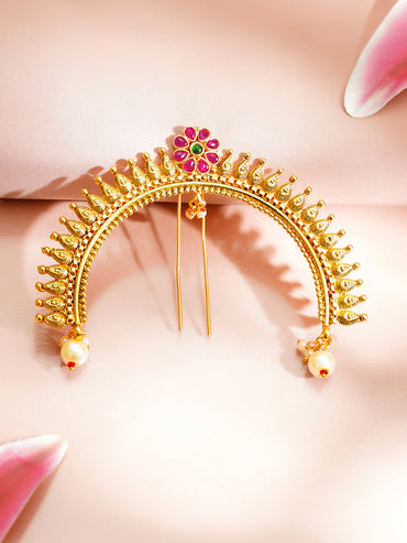 Gold Plated Ruby Blossom Pearl Drop Hair Arch Pin